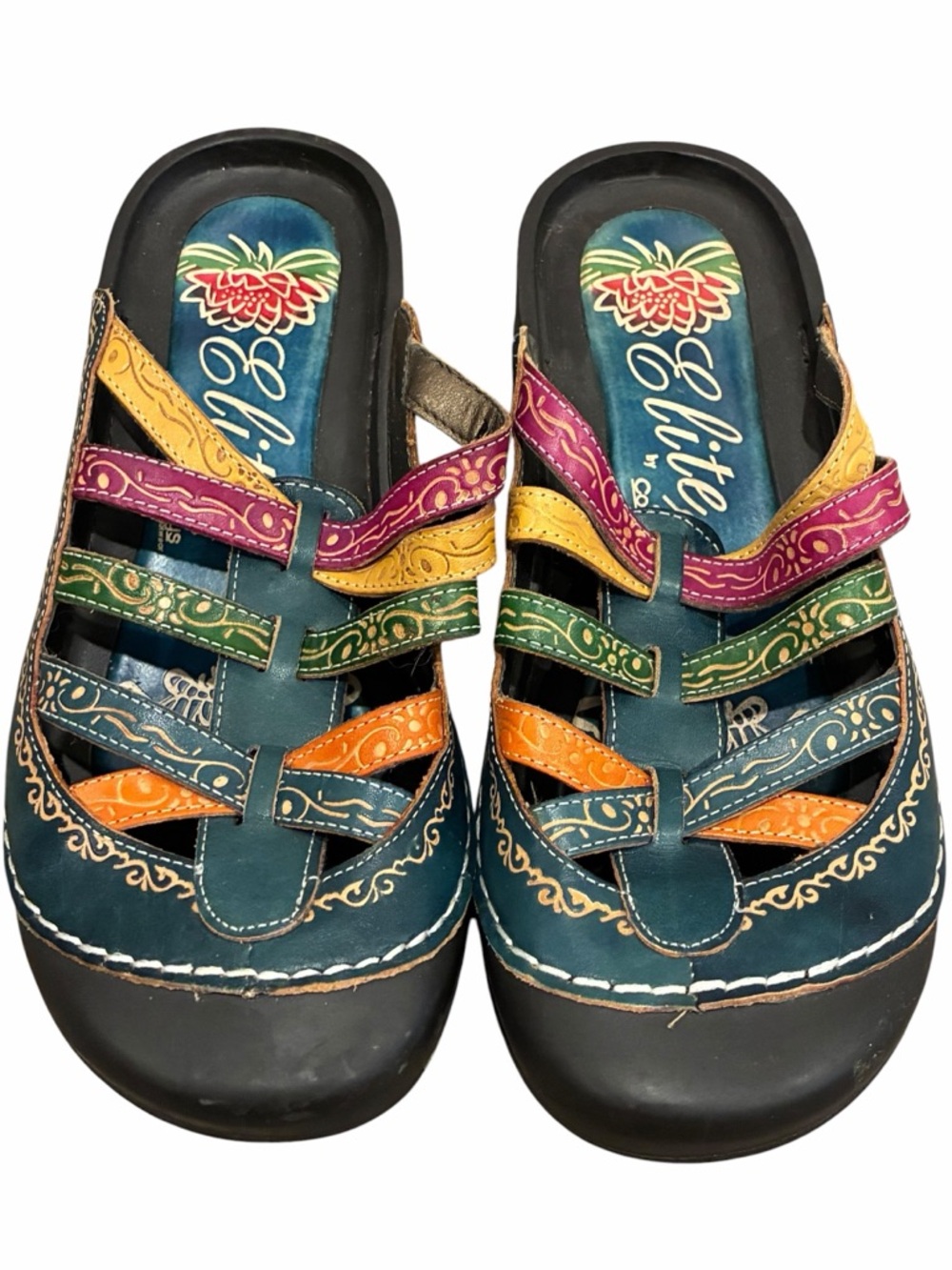 Corky's Elita Multicolor Leather Slide Sandals - Teal with Rainbow Accents
